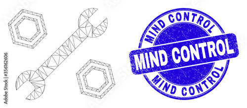 Web carcass wrench and nuts icon and Mind Control stamp. Blue vector round scratched stamp with Mind Control message. Abstract carcass mesh polygonal model created from wrench and nuts icon.