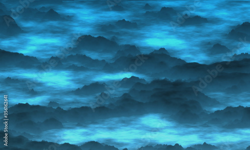 bird eye view of illustration dramatic mountain in fog,