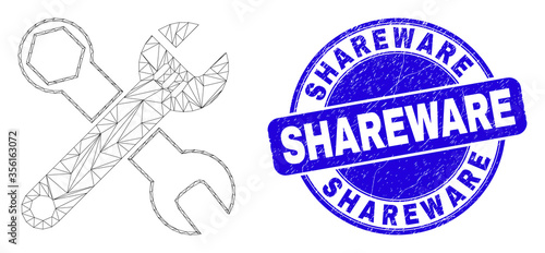 Web mesh wrenches icon and Shareware seal. Blue vector round textured seal with Shareware phrase. Abstract carcass mesh polygonal model created from wrenches icon.
