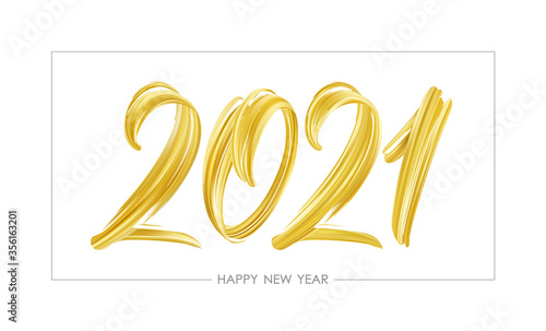 Hand drawn brush stroke golden color paint lettering of 2021. Happy New Year