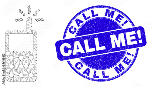 Web mesh cell phone icon and Call Me! seal stamp. Blue vector rounded scratched stamp with Call Me! phrase. Abstract carcass mesh polygonal model created from cell phone pictogram.