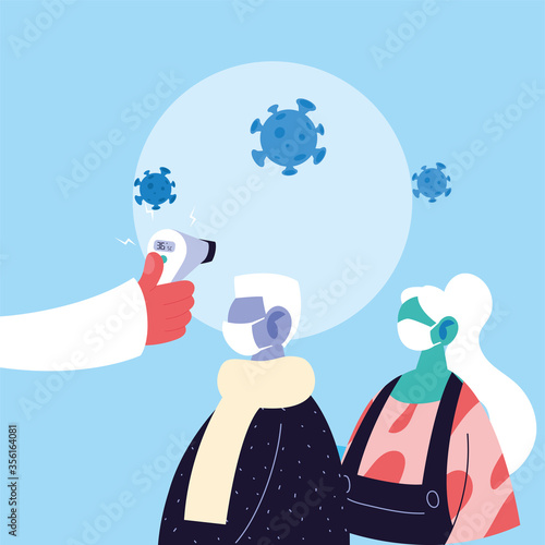 Hand holding thermometer gun checking old man and woman temperature vector design