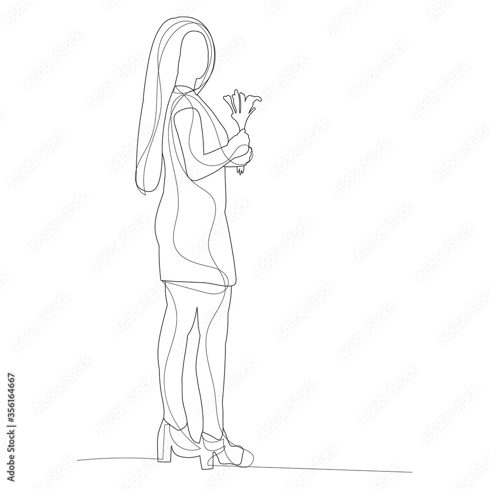 vector, on a white background, line drawing of a girl with flowers vector, on a white background, line drawing of a girl with flowers
