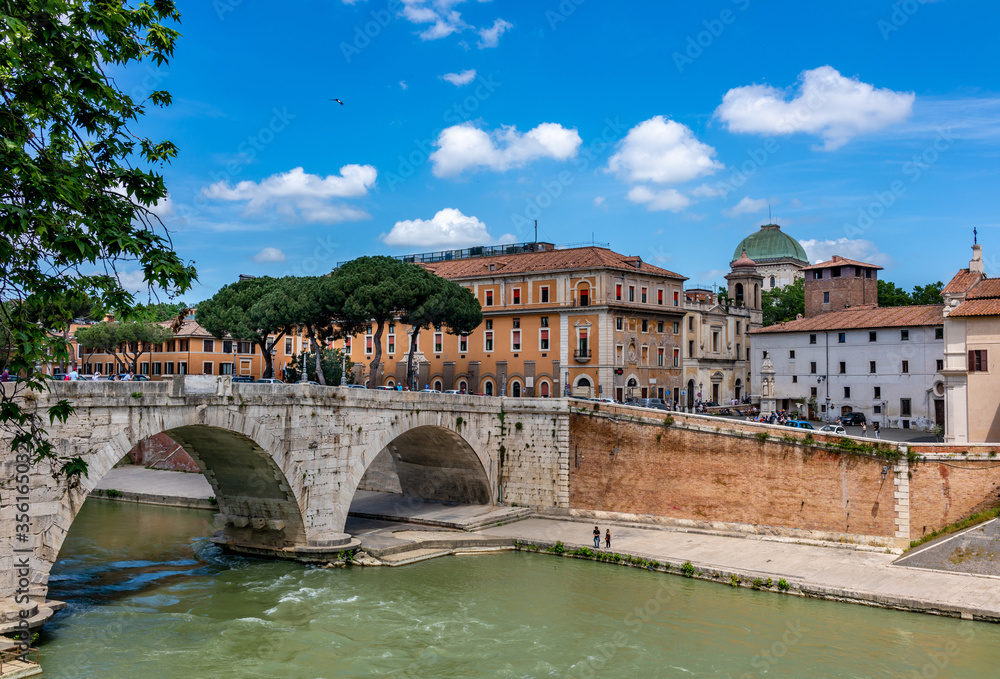 Landscape of bridge above Tiber river over Trastevere area  in Rome, Italy.
