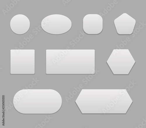 White sguare button for web. Blank 3d tags, plastic badge for design menu. Rectangular and round paper sticker. Isolated realistic navigation elements for application. Futuristic shapes. vector.