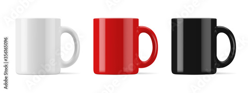 Vector realistic mockup (template, layout) of a mug for drinks front view. White, black, red blank isolated cup. EPS 10