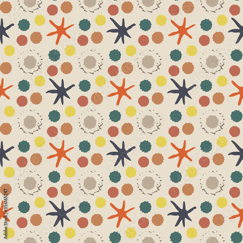 Abstract moon crater and stars vector seamless pattern background. Naive style hand drawn mix of celestial asteroids on beige backdrop. Modern all over print of astronomical objects in universe.