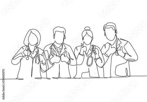 One line drawing of groups of young happy male and female doctors giving thumbs up gesture as service excellence symbol. Medical team work concept. Continuous line draw design vector illustration