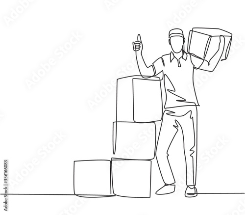 One line drawing of young delivery man gives thumbs up gesture while lift up and deliver carton box packages to customer. Delivery service concept. Continuous line draw design vector illustration