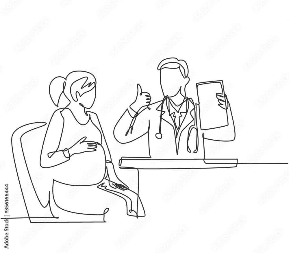 One line drawing of young happy obstetrician doctor checking up pregnancy mom and tell good result on hospital. Medical healthcare service concept. Continuous line draw design vector illustration One line drawing of young happy obstetrician doctor checking up pregnancy mom and tell good result on hospital. Medical healthcare service concept. Continuous line draw design vector illustration