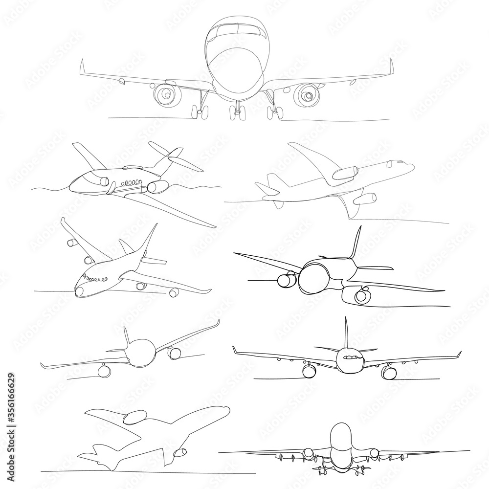 white background, airplane drawing in one continuous line, set white background, airplane drawing in one continuous line, set