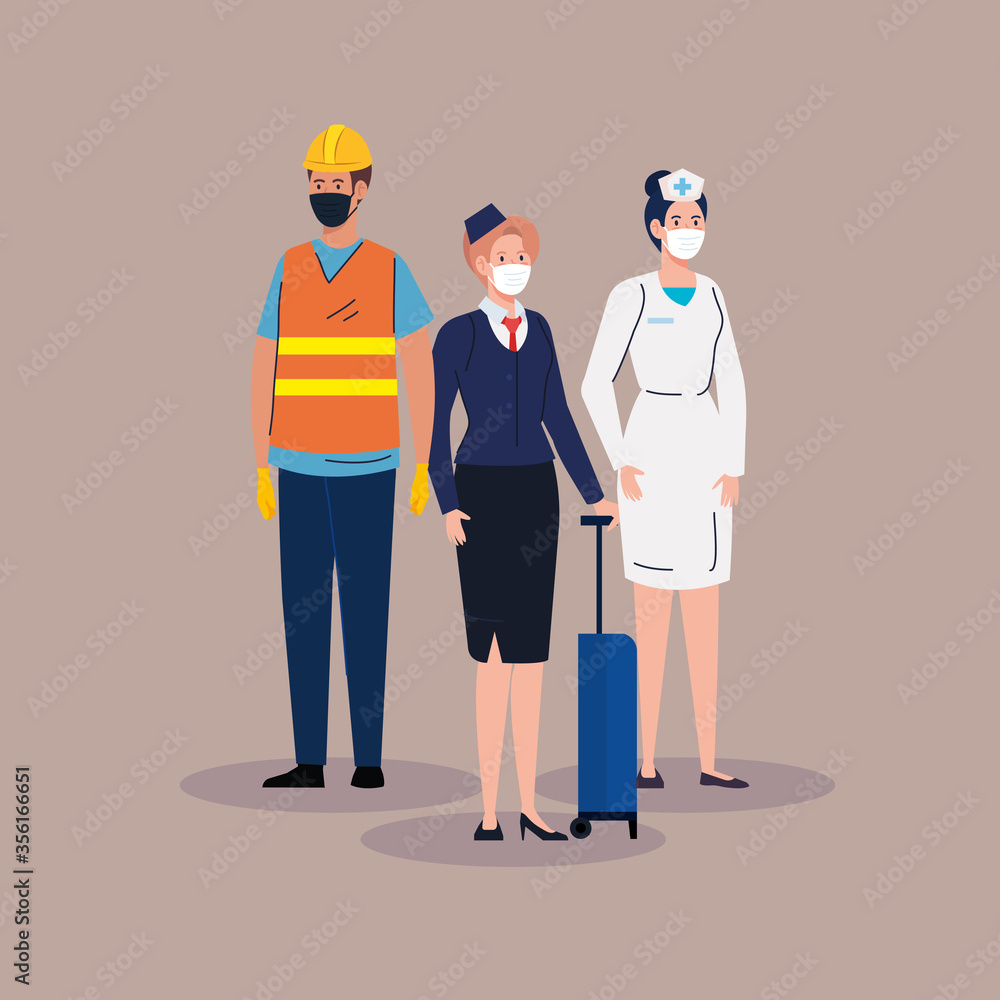 stewardess with workers group in covid 19, workers wearing medical mask against coronavirus vector illustration design