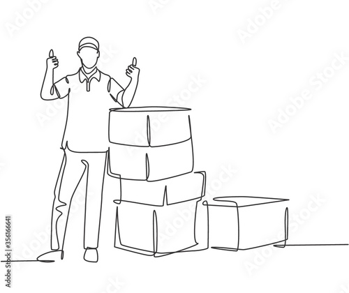 One line drawing of young happy delivery man thumbs up while lift up and deliver carton box packages to customer. Delivery service business concept. Continuous line draw design vector illustration