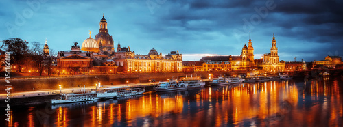 Incredible panorimic Cityscape with reflection. Dresden during sunset. Wonderful View on old historical town with reflection in Elbe river Dresden, Saxony, Germany Wonderful Picturesque Scene