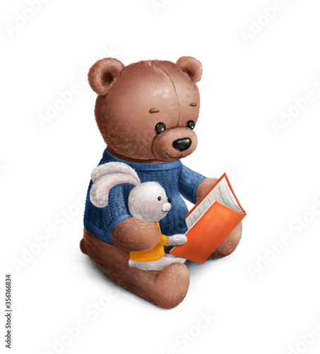 Fairy tale illustration - a bear reads fairy tales to a little bunny.