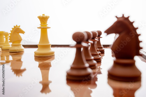 Image of chess pieces on a chessboard. World Chess Day. International Chess Day. July 20. Side view. Closeup. White background. Focus on the back figures photo