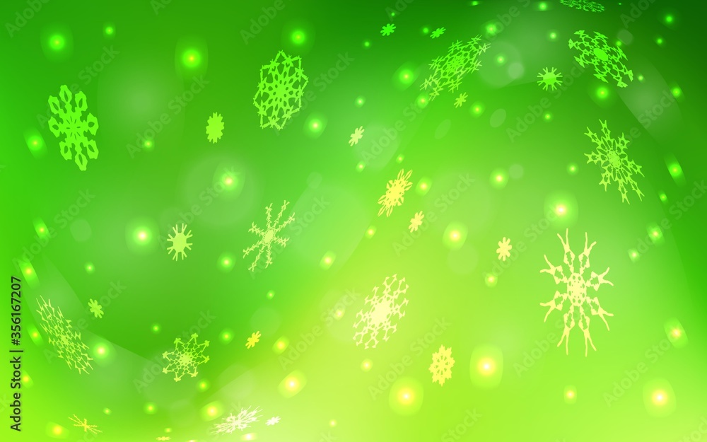 Light Green vector texture with colored snowflakes. Snow on blurred abstract background with gradient. The pattern can be used for new year leaflets.