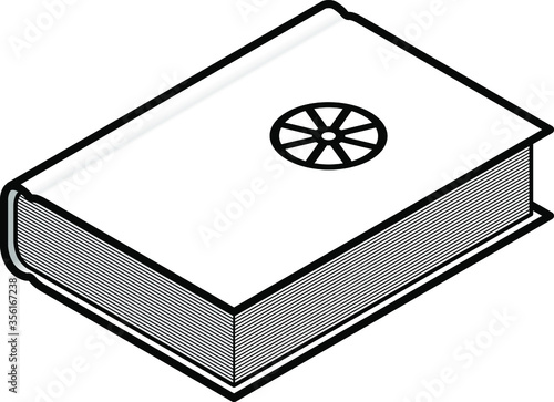 Religious holy book: Buddhism with a dharma wheel.