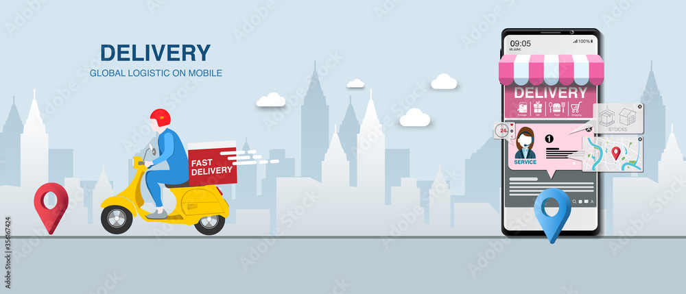 Courier man rides scooter and smartphone vector illustration for Online delivery service on mobile with order tracking