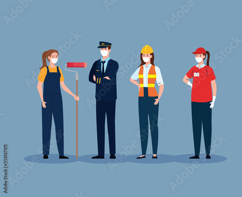 pilot with workers group in covid 19, workers wearing medical mask against coronavirus vector illustration design