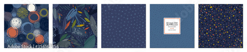 Trendy seamless patterns set in navy blue tones. Cool abstract design. For fashion fabrics, kid’s clothes, home decor, quilting, T-shirts, backgrounds, cards and templates, scrapbooking etc.