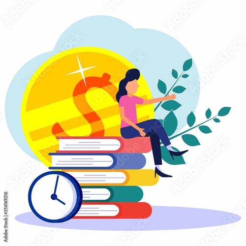 Vector illustration of business. A young woman sits on a pile of books  business guides  rules  income.