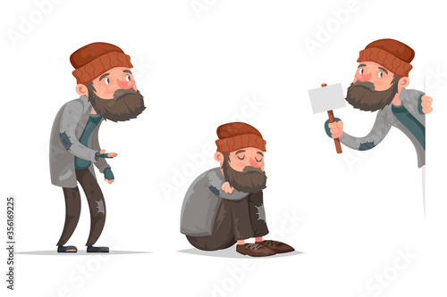 Cartoon homeless bum characters set vector illustration