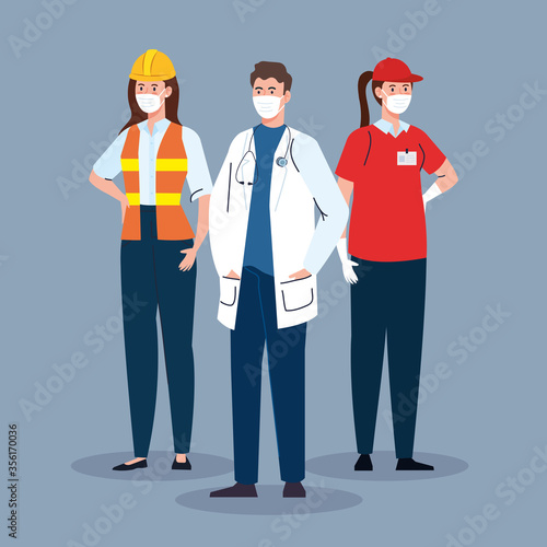 delivery worker female with workers group in covid 19, workers wearing medical mask against coronavirus 19 vector illustration design