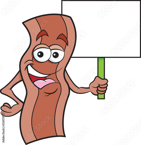 Cartoon illustration of a smiling strip of bacon holding a sign.