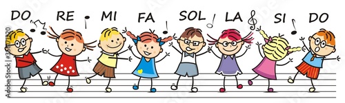 Singing and dancing children, at the background are stave and music notes, vector icon