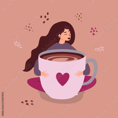 Illustration of a sitting girl hugging a large Cup of coffee to overcome fatigue. Chronic fatigue, drowsiness, exhaustion, feeling weak, low energy state, mental fatigue. Love for coffee. Flat vector