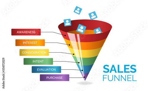 Business infographics with six stages of sales funnel on white background, vector illustration. Internet and social media marketing