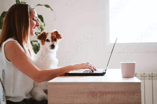 young woman working on laptop at home, cute small dog besides. stay safe during coronavirus covid-2019 concept