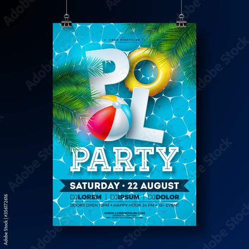 Summer Pool Party Poster Design Template with Palm Leaves, Water Beach Ball and Float on Blue Underwater Ocean Background. Vector Holiday Illustration for Banner, Flyer, Invitation, Poster.