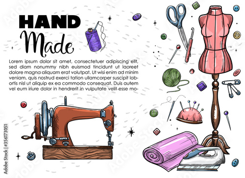 Tailor or dressmaker work and fashion designer atelier sketch items. Vector sewing illustration in retro vintage style