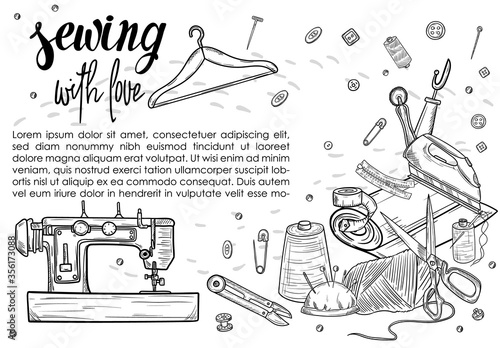 Tailor or dressmaker work and fashion designer atelier sketch items. Vector sewing illustration in retro vintage style