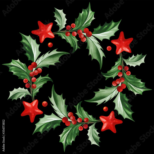 Frame with Christmas decoration - Holly leaves and stars on black background.