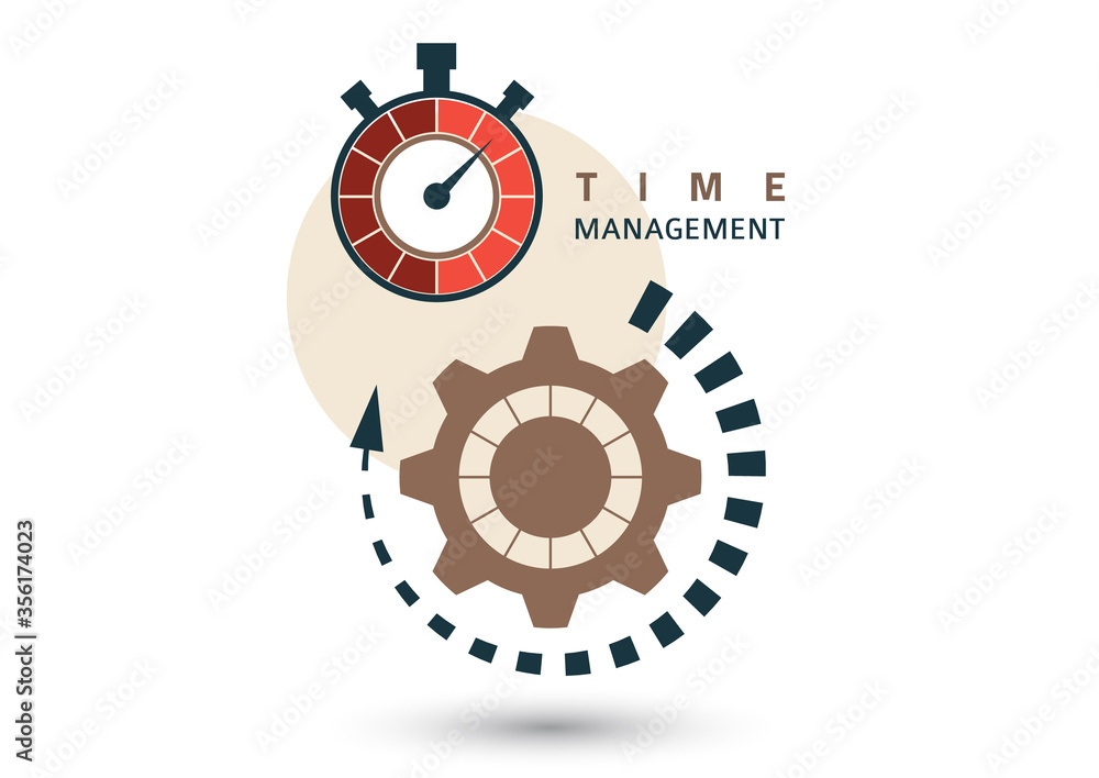 Time management concept. Creative icon for efficiency, productivity. Sign stopwatch, gears. Flat design. Vector
