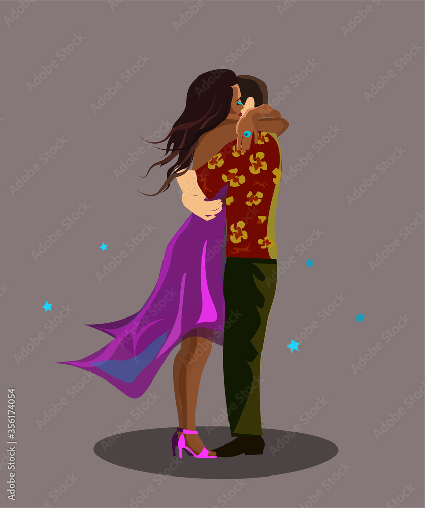 Obraz premium an interracial couple embraces. vector illustration on a soft gray background.