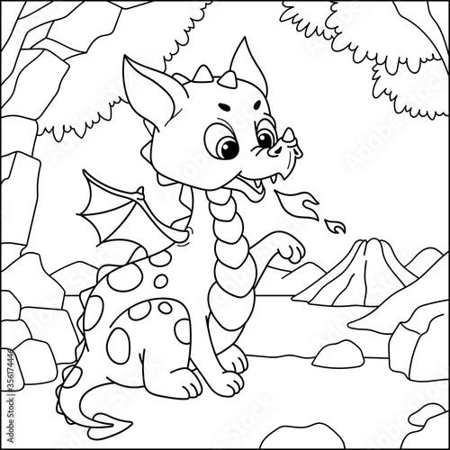 Cute little dragon. Coloring book for children. Cartoon vector illustration.