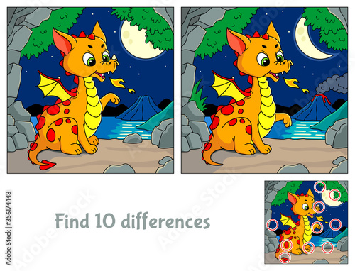 Cute little dragon. Find 10 differences. Educational game for children. Cartoon vector illustration.