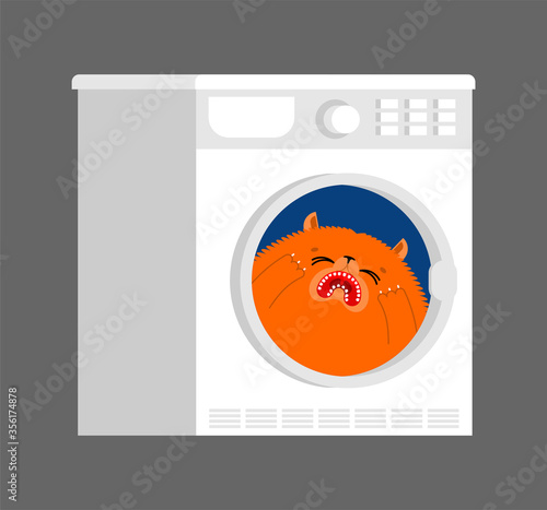 Cat inside washing machine. cartoon pet vector illustration