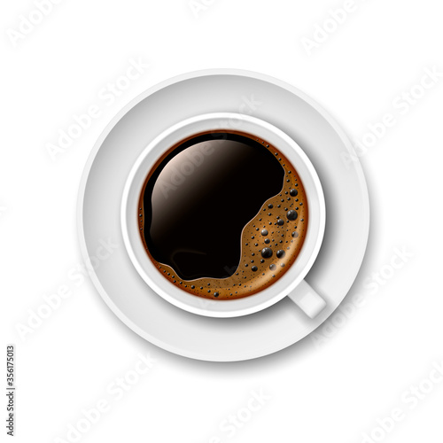 Realistic 3D cup of black coffee on a saucer. View from above. Vector illustration.