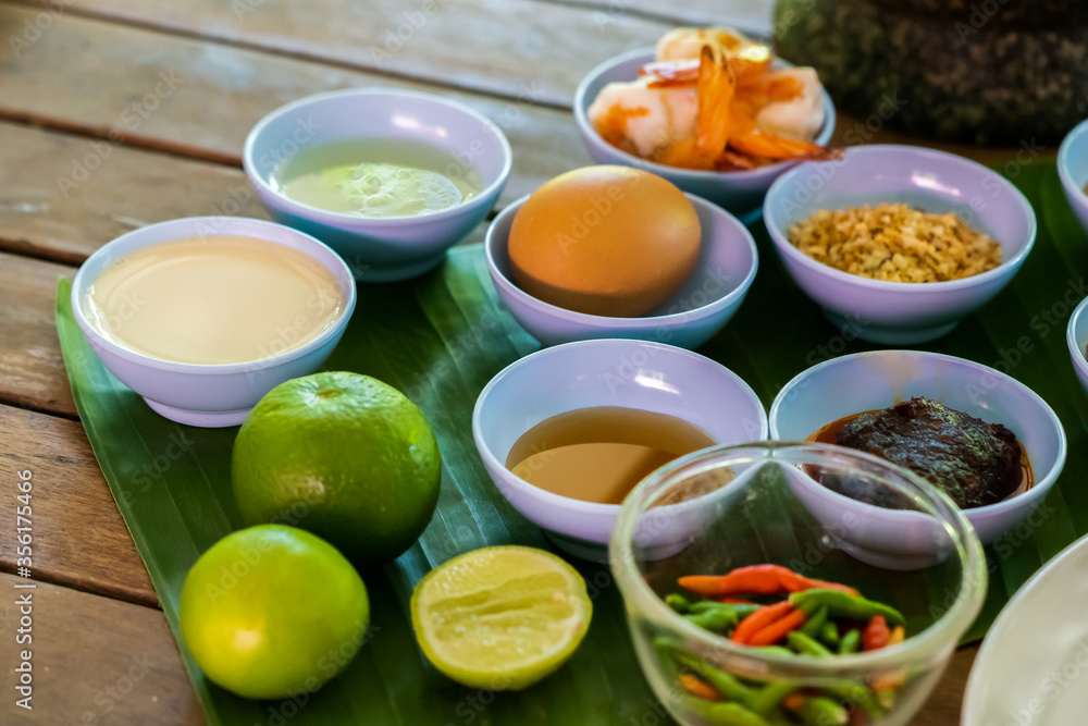 Local and traditional Ingredient for Yum Hua Plee (Banana blossom salad), is prepared to cook the Thai food. Local and traditional Ingredient for Yum Hua Plee (Banana blossom salad), is prepared to cook the Thai food.