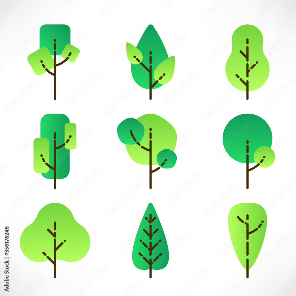 Flat trees with outline set in modern style isolated on white background. Green tree logo. Simple plants icons. Vector illustration. Use for icons, nature designs, maps, landscapes, web, apps