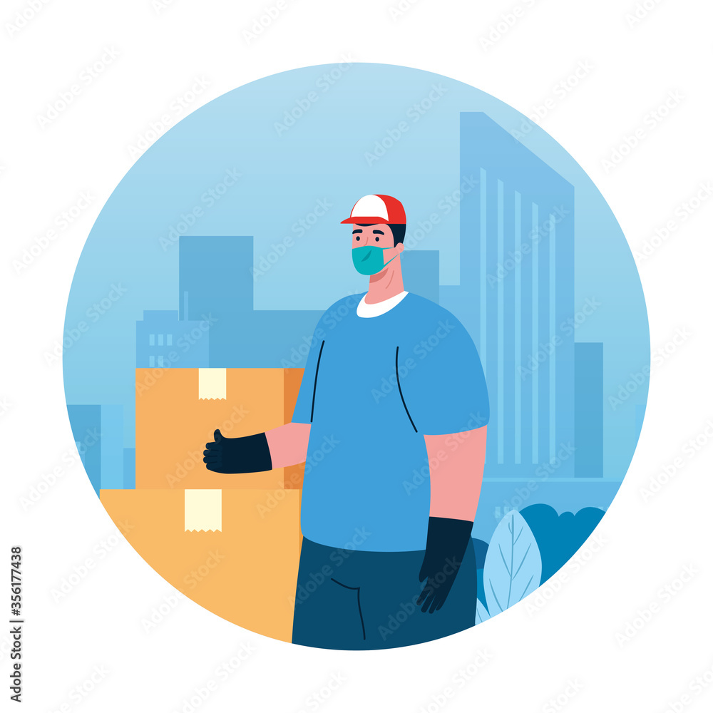 man with mask and boxes design, Safe delivery logistics and transportation theme Vector illustration