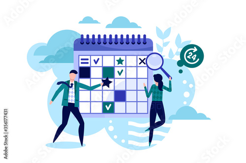 Effective time management. Deadline and schedule adherence at work, business people with task board banner with people. Work planning, tasks management and time organization vector illustration.