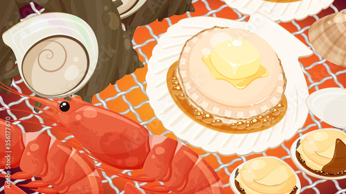 海鮮焼き_網焼きの背景イラスト_16:9