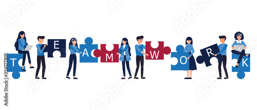 Partnership and teamwork concept,Vector illustration of Businessman and woman connecting puzzle elements of working on the project, Business analytics and cooperation