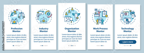 Different mentors onboarding mobile app page screen with concepts. Organisation management walkthrough 5 steps graphic instructions. UI vector template with RGB color illustrations
